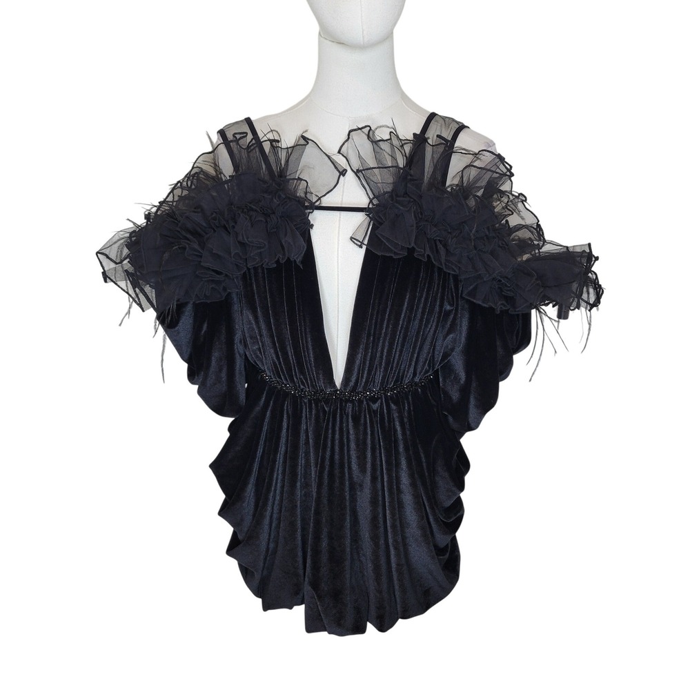 Kiki Riki Black Velvet Feather Cocktail Dress Small NWT Holiday Special Occasion - Picture 2 of 6